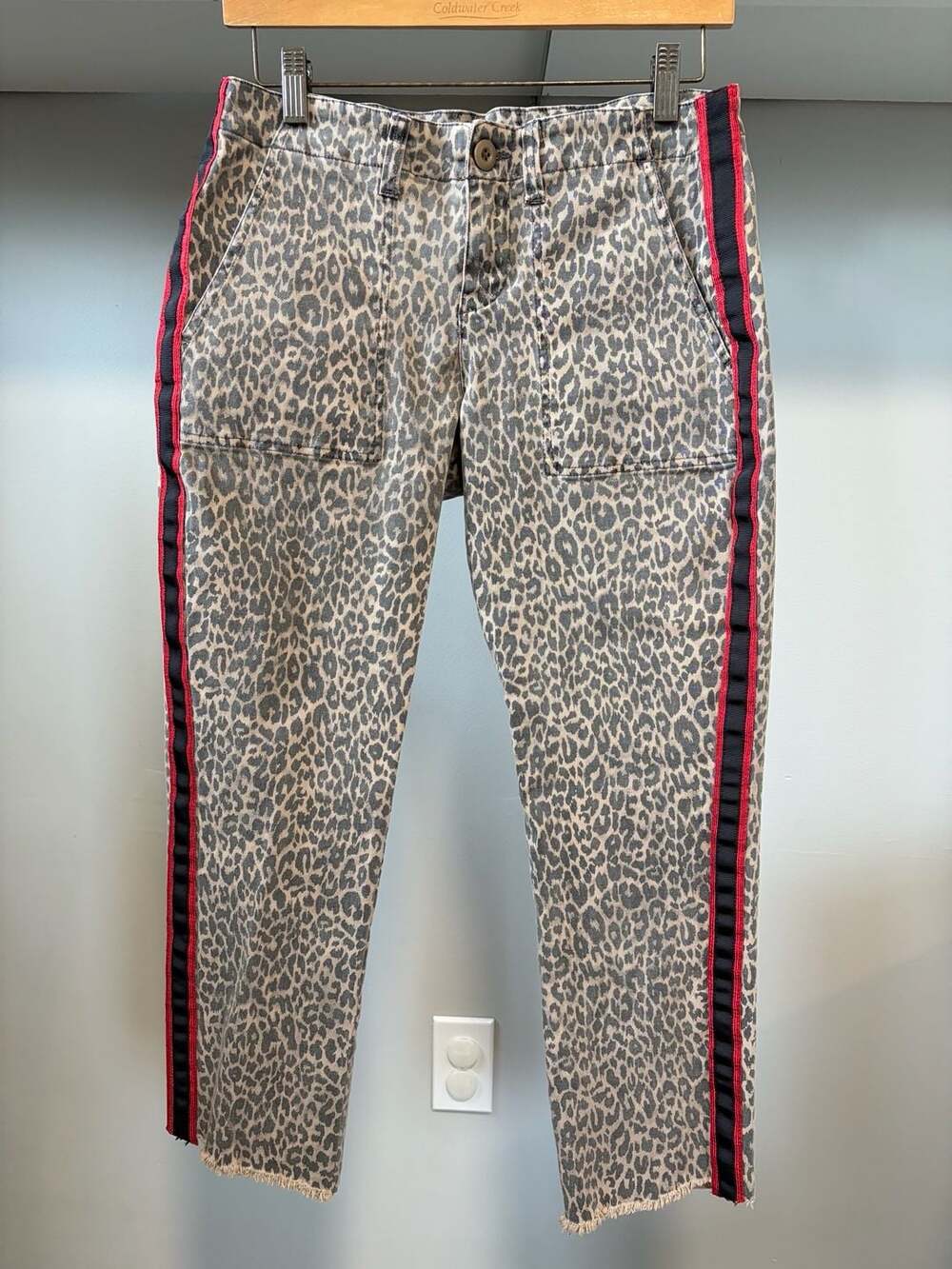 Pam & Gela Leopard Print Pants 28 Side Stripe Cropped Raw Hem